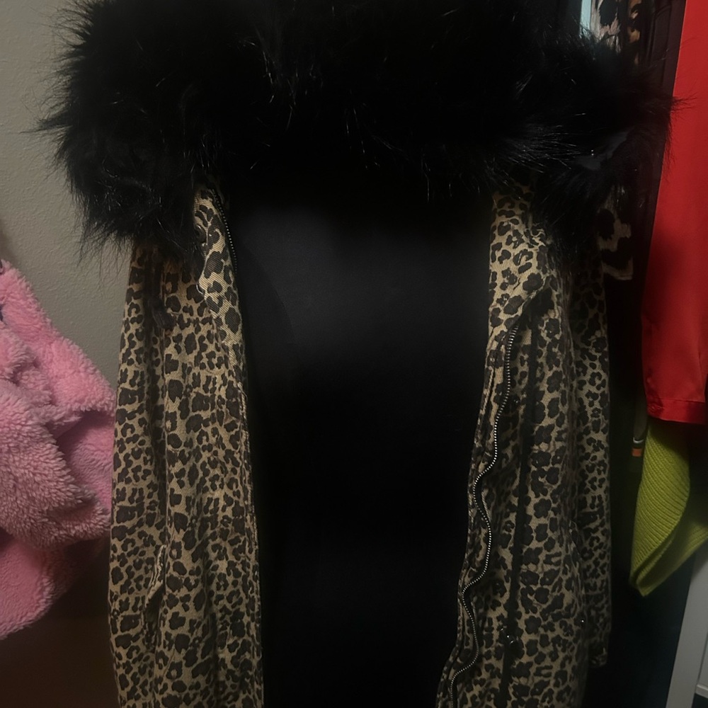 Leopard Print Faux Fur Trim Jacket